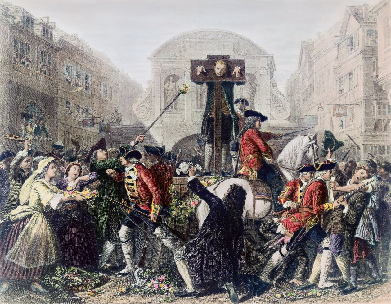 Utsikt över Daniel Defoe (1660-1731) i pelaren vid Temple Bar omgiven av en folkmassa (se även 230551) av Eyre Crowe