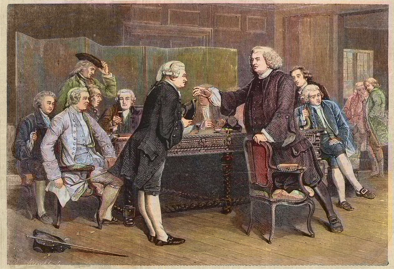 Boswells introduktion till den litterära klubben - Doktor Johnson tar emot Boswell i biblioteket - Gravyr efter en målning av Eyre Crowe av Eyre (after) Crowe