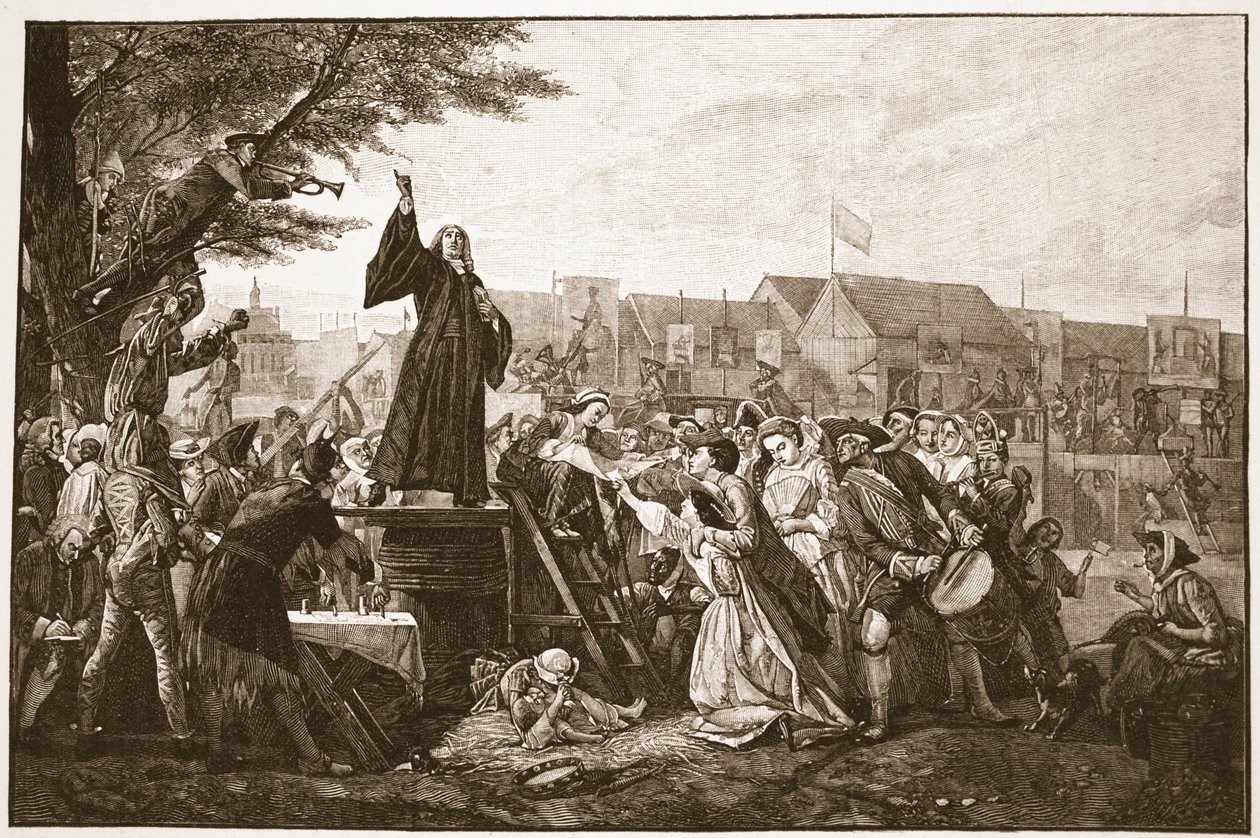Whitefield predikar i Moorfields, illustration från "The Church of England: A History for the People" av H.D.M. Spence-Jones, pub. ca 1910 (sepiafoto). av Eyre Crowe
