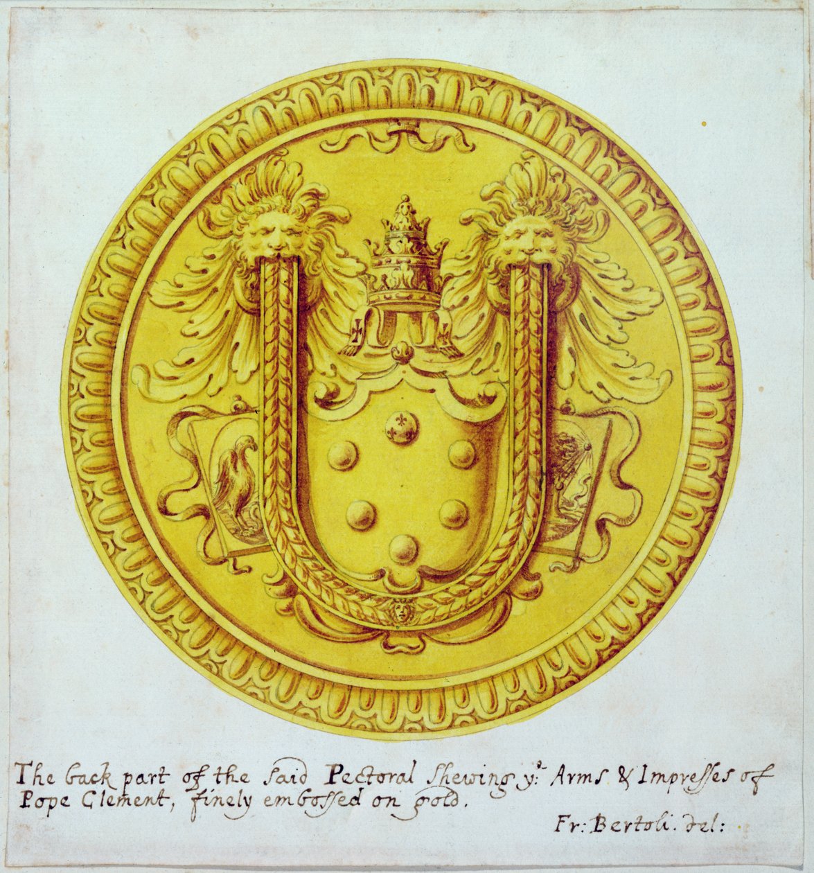 Baksidan av ett bröstornament av guld och juveler tillverkat av Cellini för påven Clemens VII ca 1523-34, 1729 av F. Bertoli