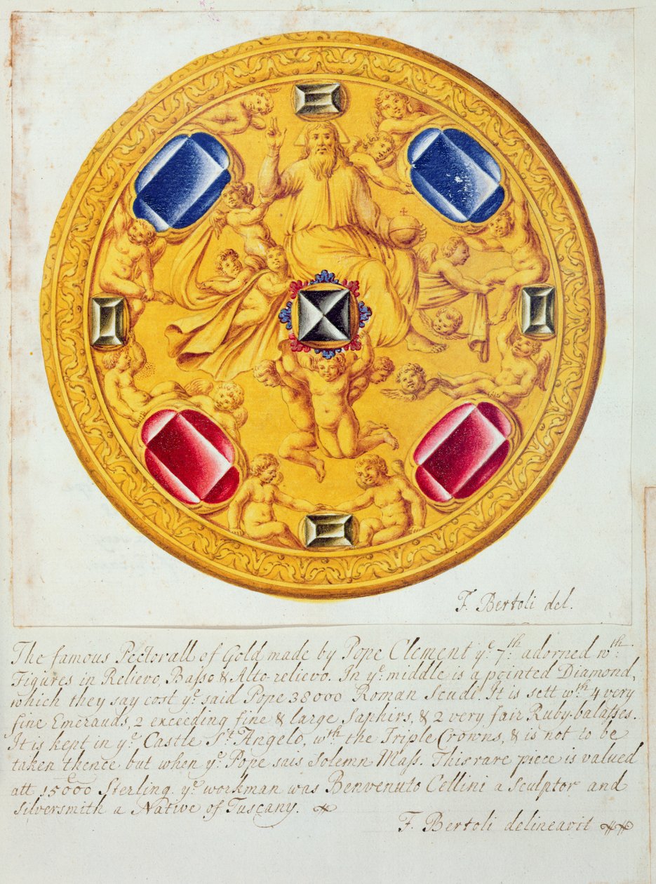 Framifrån av ett bröstornament av guld och juveler tillverkat av Cellini för påven Clemens VII ca 1523-34, 1729 av F. Bertoli