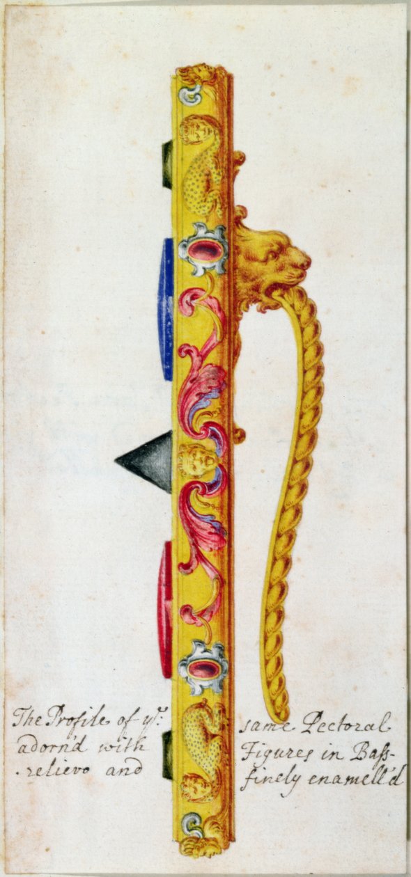 Sidovy av en pectoral prydnad av guld och juveler gjorda för påven Clement VII av Cellini ca 1523-34 (detalj från 18061) av F. Bertoli
