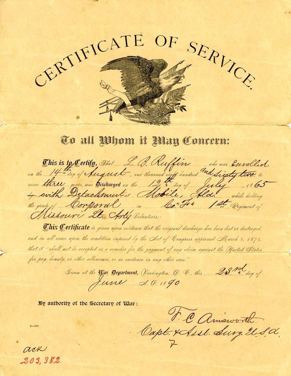 States that Ruffin was discharged with detachment on July 12, 1865, from Company F of the 1st Missouri Light Artillery while holding the rank of Corporal av F. C. Amsworth