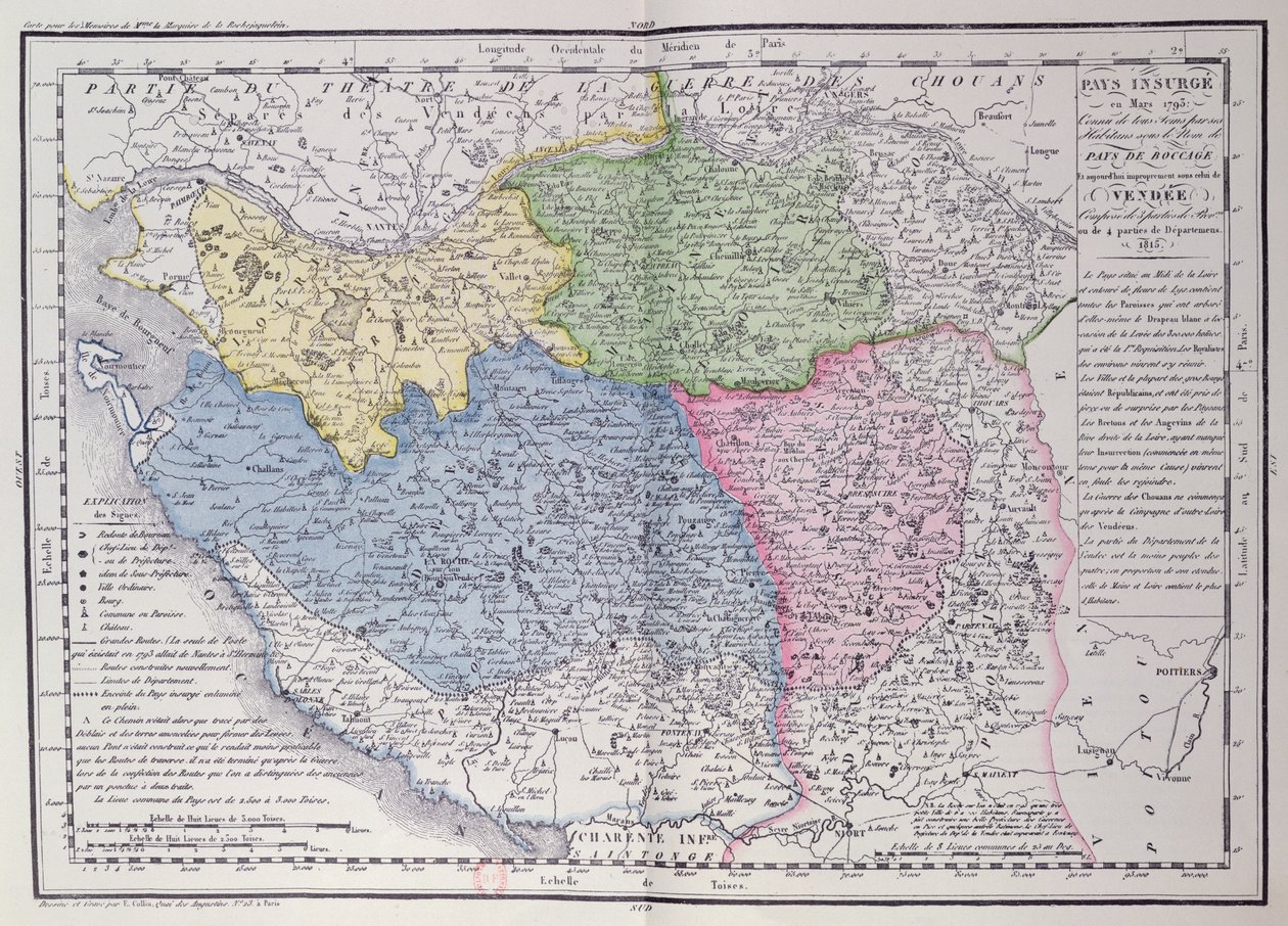 Karta över Vendeen som skildrar området för Vendean-revolten (1793-96) i mars 1793, ca 1815 (färgstick) av F. Colliu