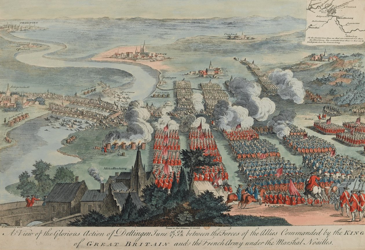 A View of the Glorious Action of Dettingen, 16-27 juni 1743, graverad av I. Pano, publicerad av Robert Wilkinson, London, 1743 av F. Daremberg