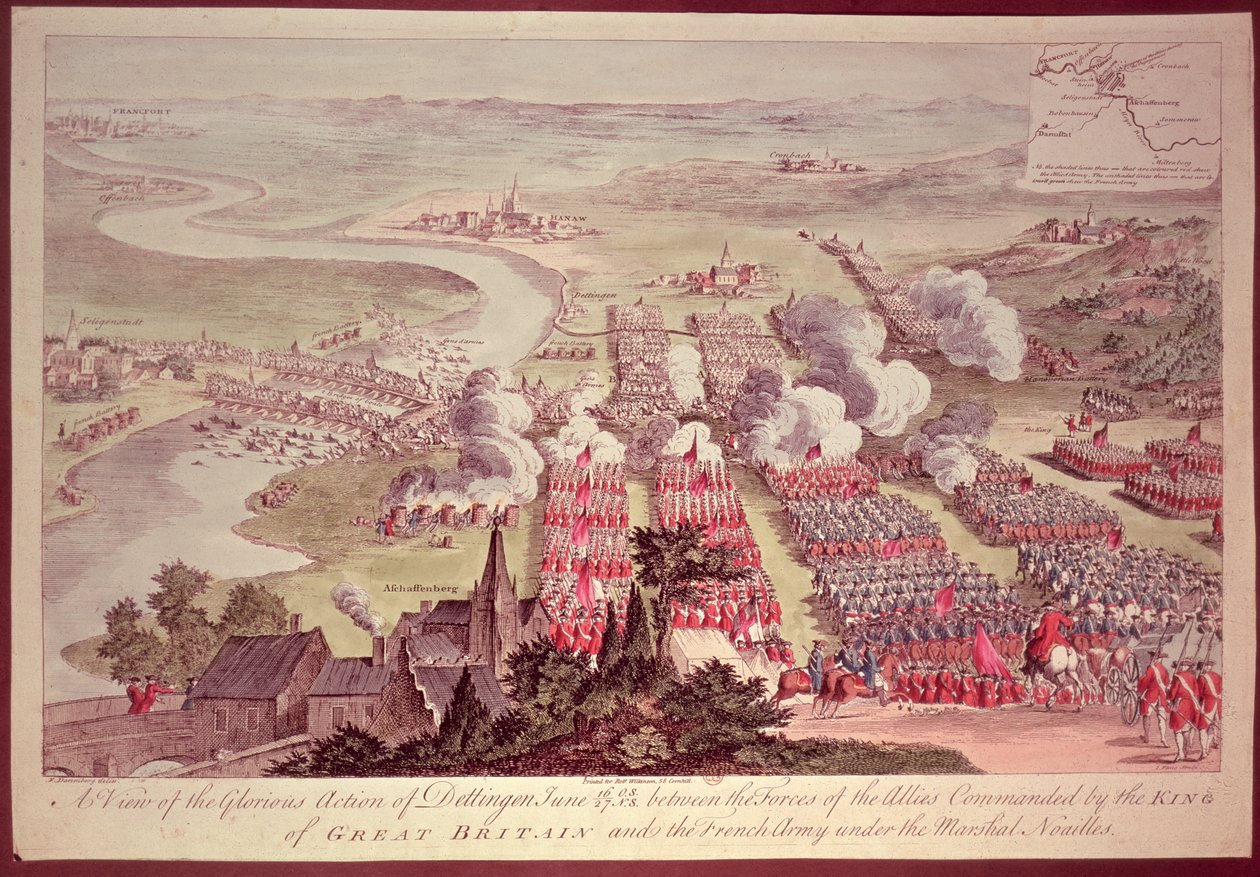 A View of the Glorious Action of Dettingen, 16-27 juni 1743, mellan de allierades styrkor under kommando av kungen av Storbritannien och den franska armén under marskalken Noailles (1678-1766), gravera av F. Daremberg
