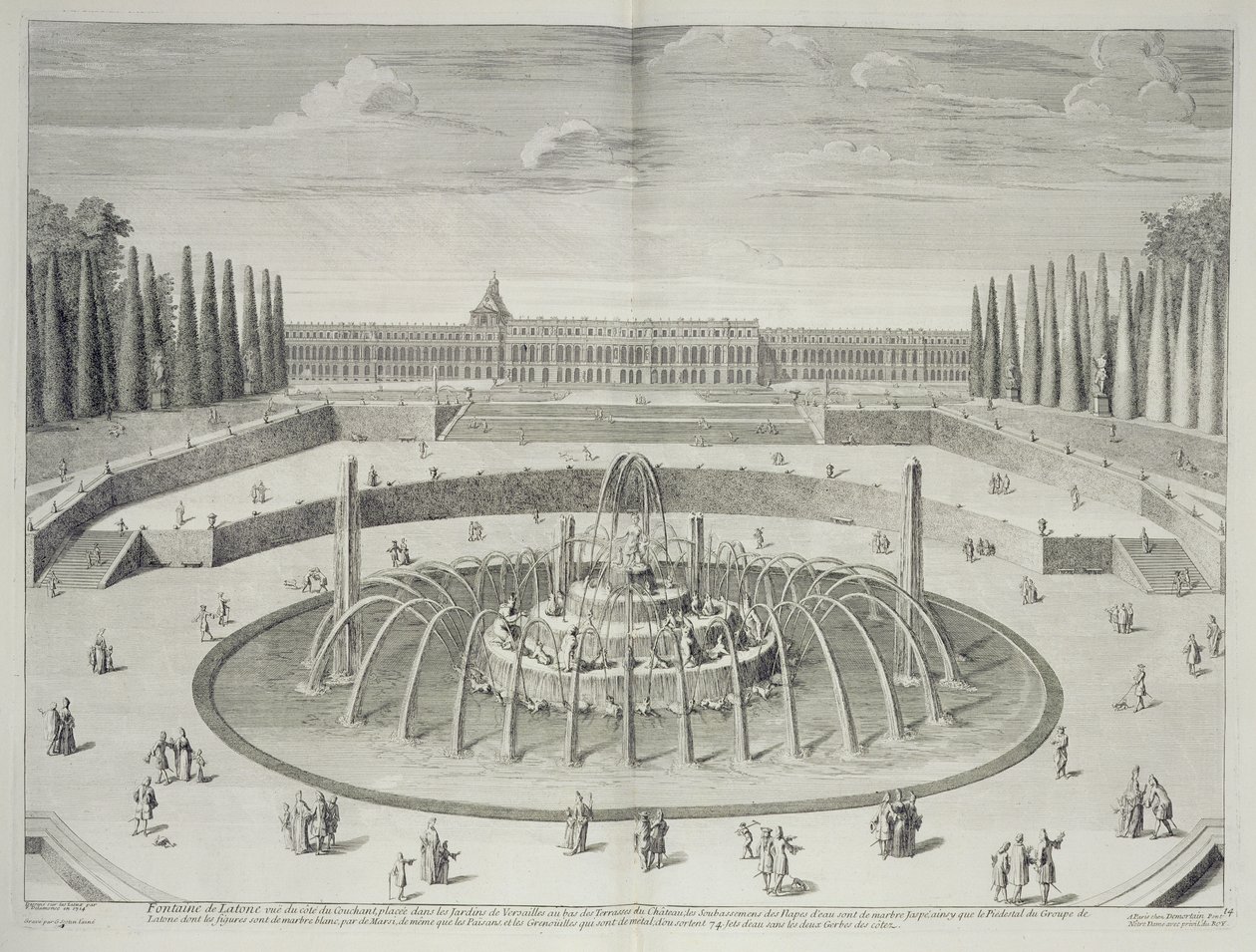 Latones fontän i Versailles, 1714, från "Les Plans, Profils et Elevations des Villes et Chateau de Versailles", graverad av Gerard Jean-Baptiste Scotin (1671-1716), publicerad omkring 1715. av F. Delamonce