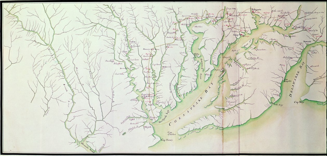 Översiktskarta över arméns läger och marsch i Amerika på order av Rochambeau, detalj av den vänstra sidan, från Guerre de lAmerique, ca 1780-81 färggravyr, se även 440787 av F. Dubourg