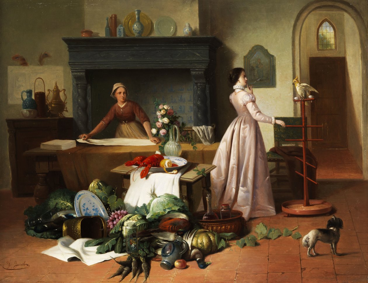 Elegante Dame mit Kakadu in einem Interieur mit Stilllebenarrangement av F. Jacobs