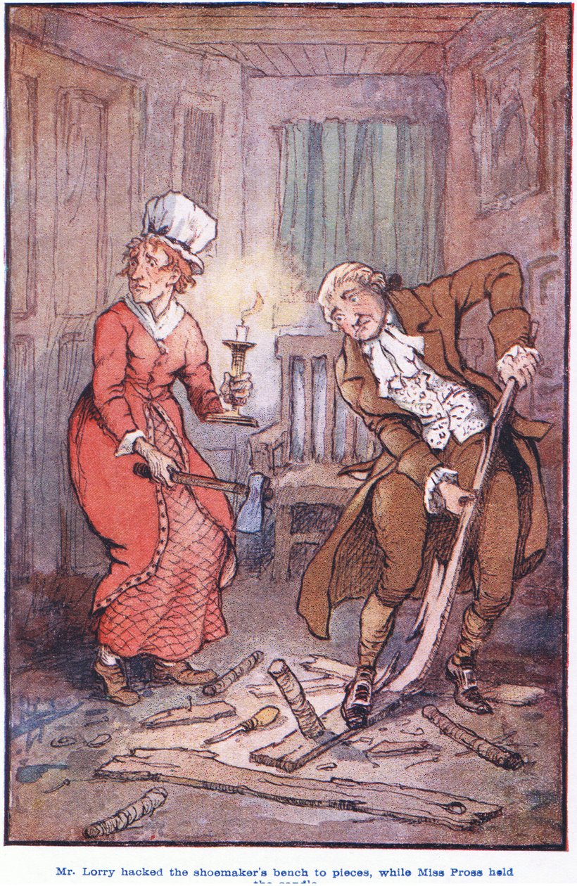 Mr Larry hackade skomakarbänken i bitar, medan miss Pross höll ljuset. av F. M. B. Blaikie