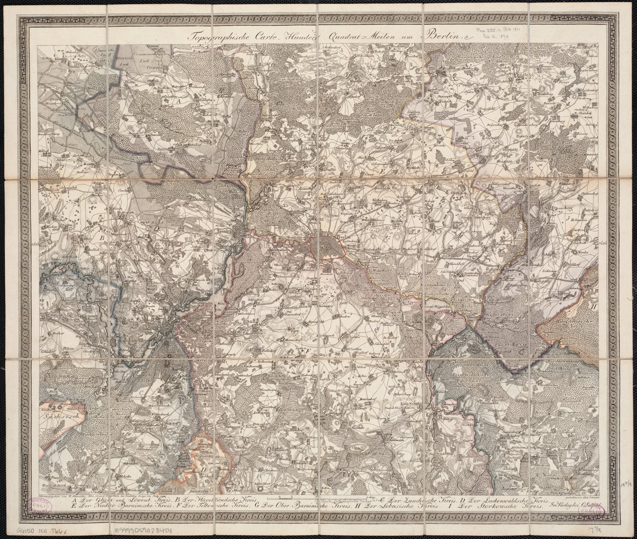 Topographische Carte Hundert Quadrat-Meilen um Berlin av F. Schneider