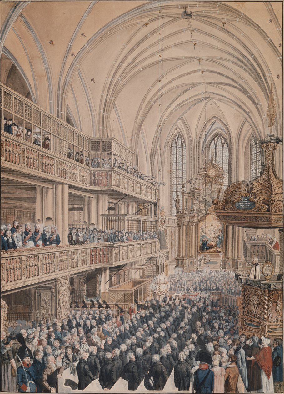 Stadsfullmäktigeledamöternas invigning i S:t Nikolaus kyrka, 1808 (penna och bläck samt wc på papper) av F.A. Calau