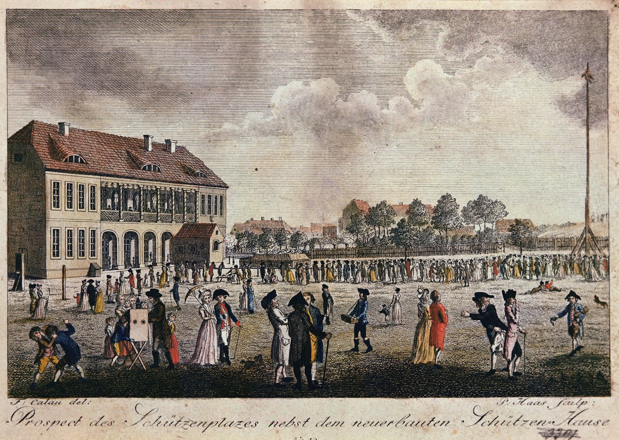 Utsikt över det nybyggda klubbhuset och torget, Berlin (handfärgad etsning) av F.A. Calau