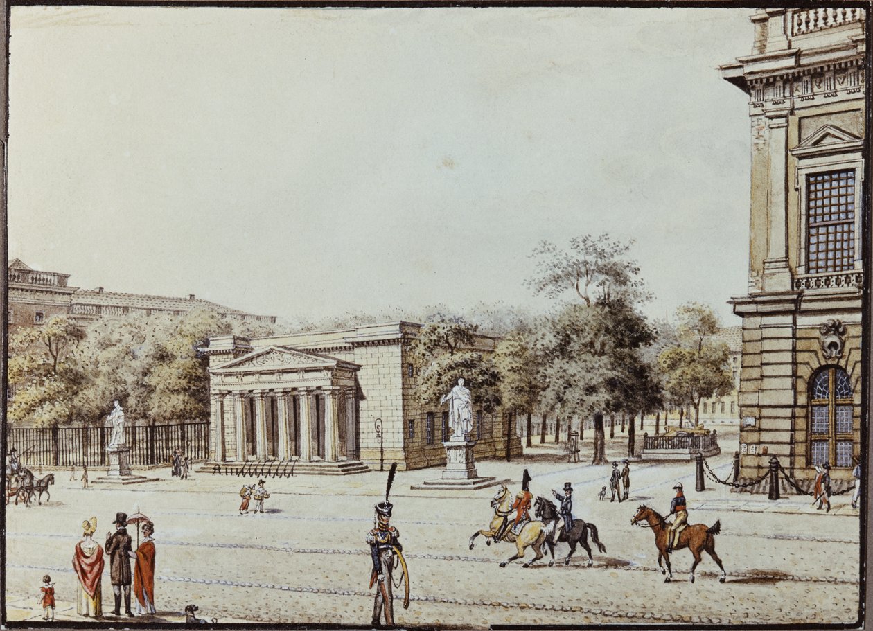 Det nya Watch House, bredvid Armoury, Berlin (penna och bläck och wc på papper) av F.A. Calau