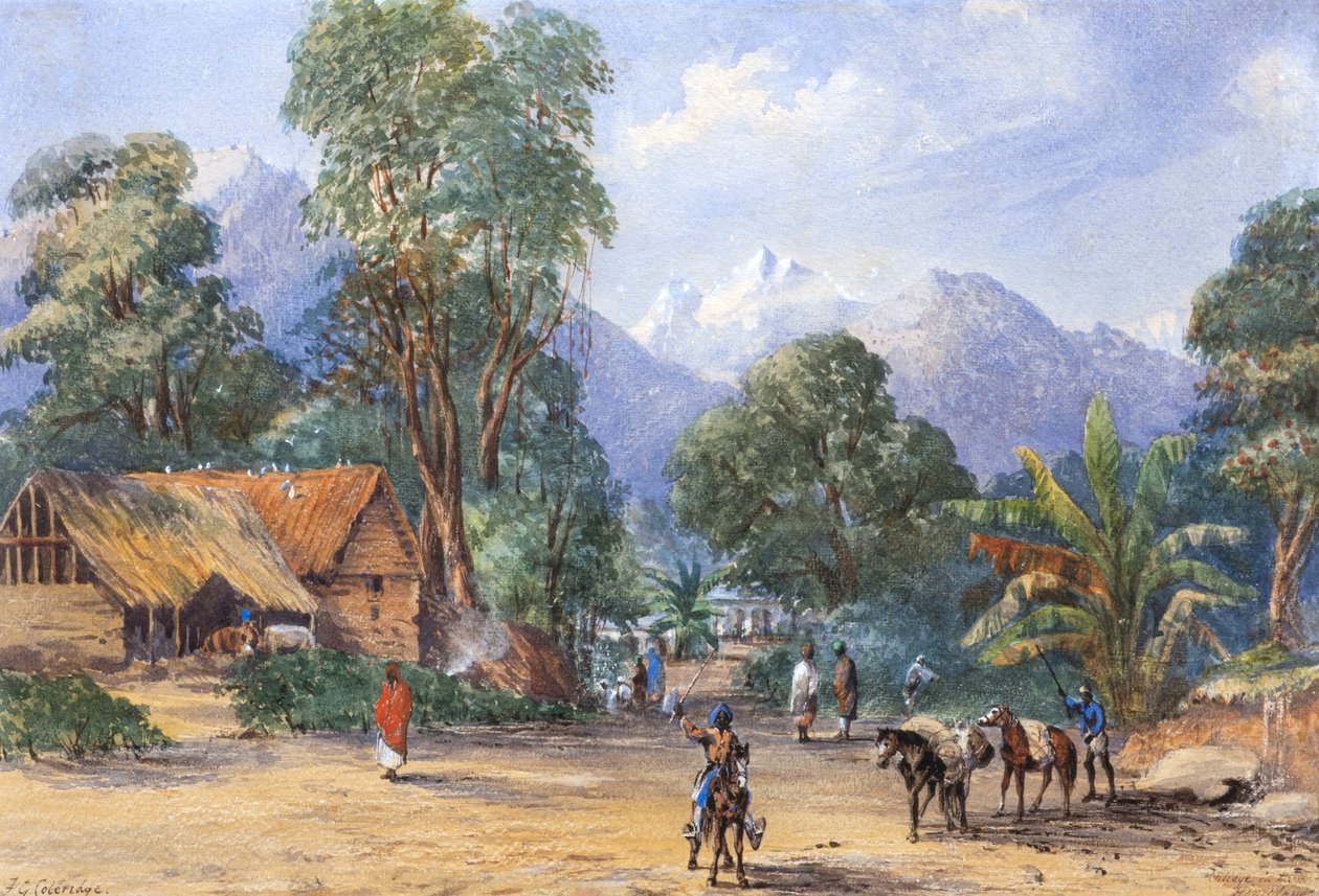 By i Himalaya (akvarell) av F.G. Coleridge