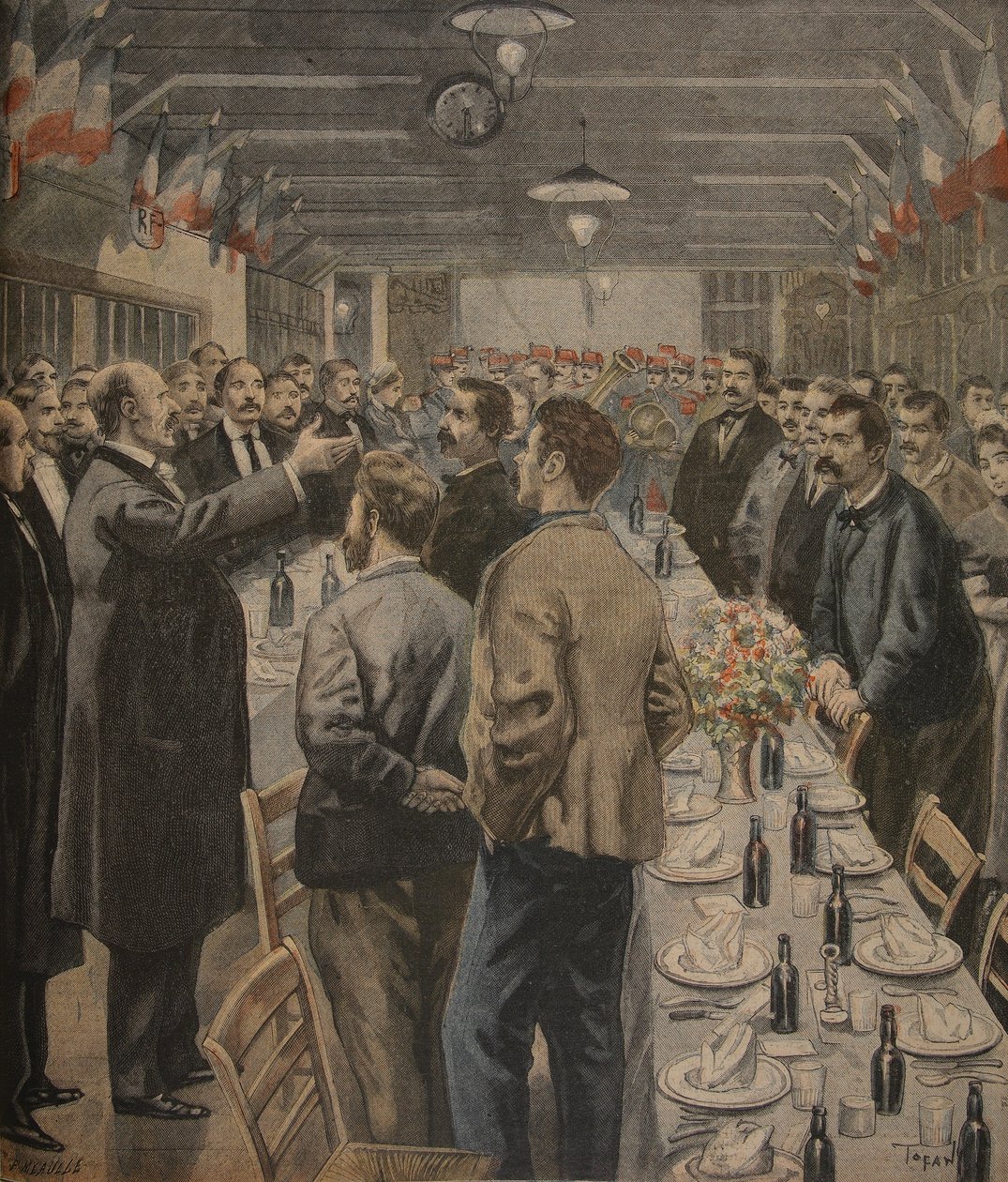 Middagar för arbetarna vid världsutställningen, 1900, illustration från "Le Petit Journal": Supplement illustre", 23 januari 1898 av F.L. and Tofani, Oswaldo Meaulle