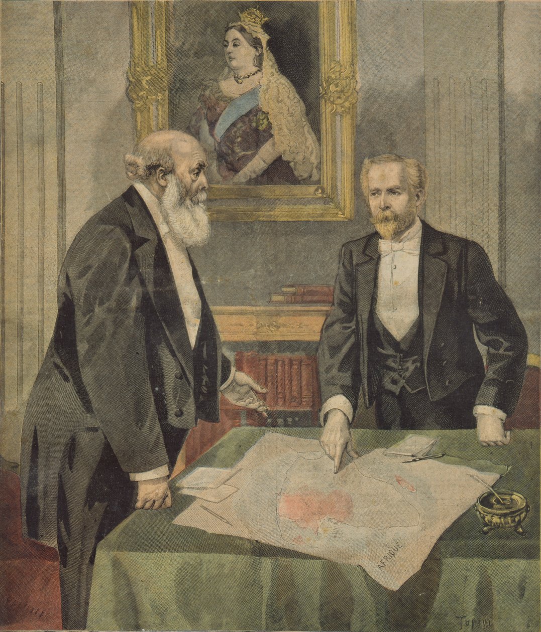 Anglo-fransk konvention undertecknad i London av Paul Cambon (1843-1924), den franske ambassadören, och Lord Salisbury (1830-1904) den brittiske premiärministern, från Le Petit Journal, 9 april 1899 (färgad sv av F.L. and Tofani, Oswaldo Meaulle
