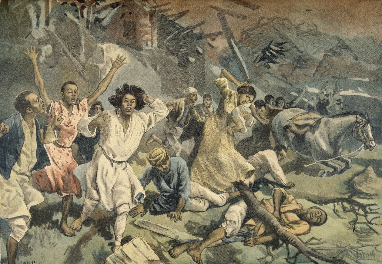 Cyklon i Mayotte, från Le Petit Journal, 27 mars 1898 av F.L. and Tofani, Oswaldo Meaulle