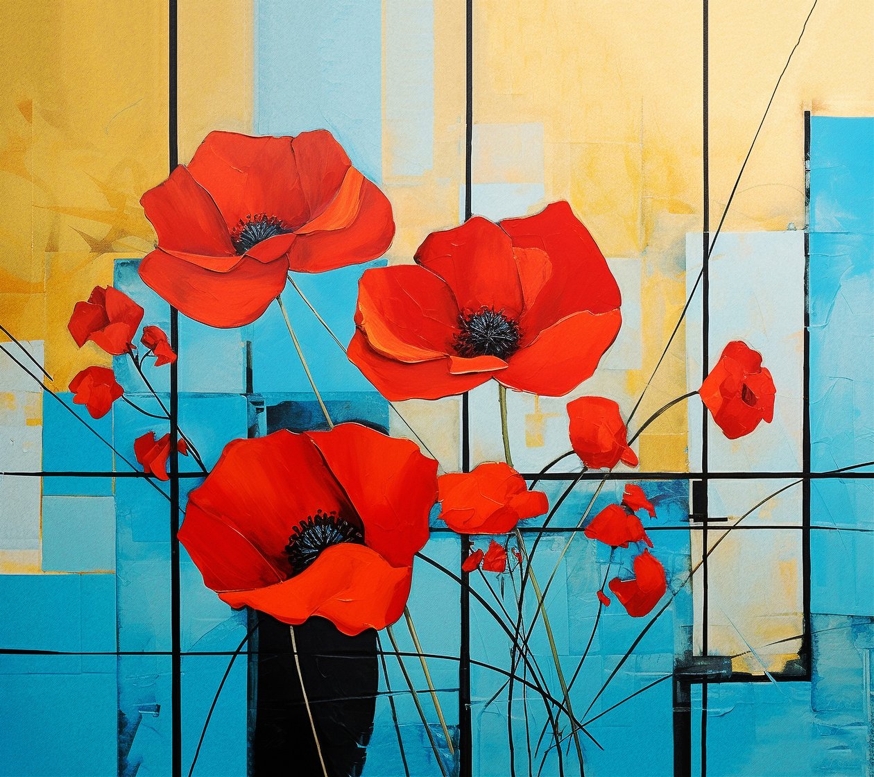 Abstrakt Mondrian, målning av vallmoblommor, väggkonst | Canvastavlor av F. Abderrahim