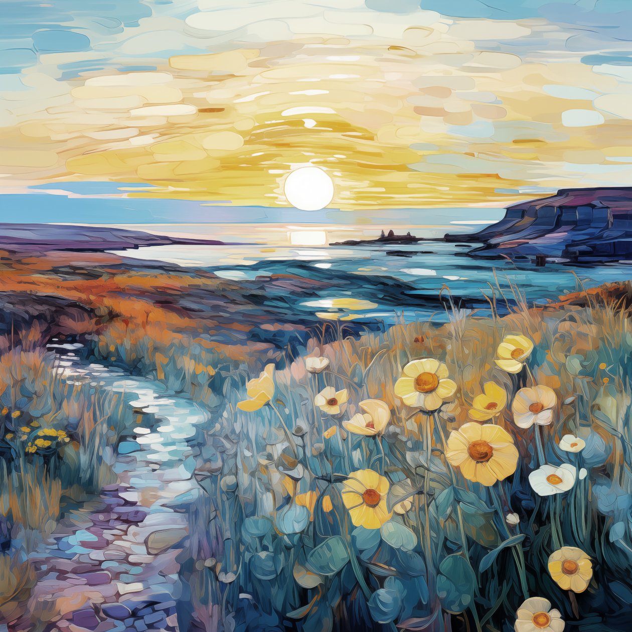 Abstrakt lila blommor i soluppgång landskapsmålning, väggkonsttryck av F. Abderrahim