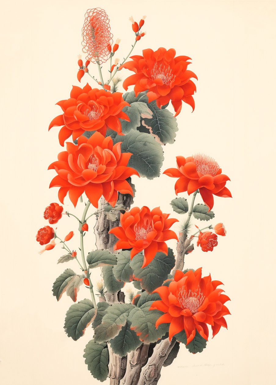 Abstrakt kaktus med blommor, japanskt träsnitt, inramade väggkonsttryck av F. Abderrahim