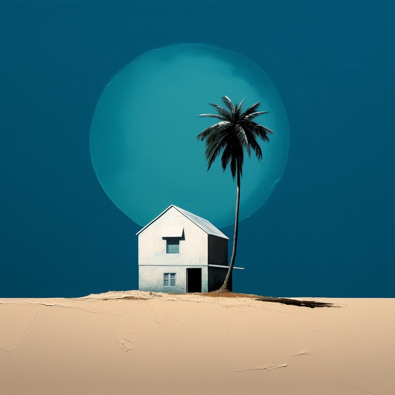 Abstrakt stuga vid stranden  en palm, inramad canvas, tryck på begäran av F. Abderrahim