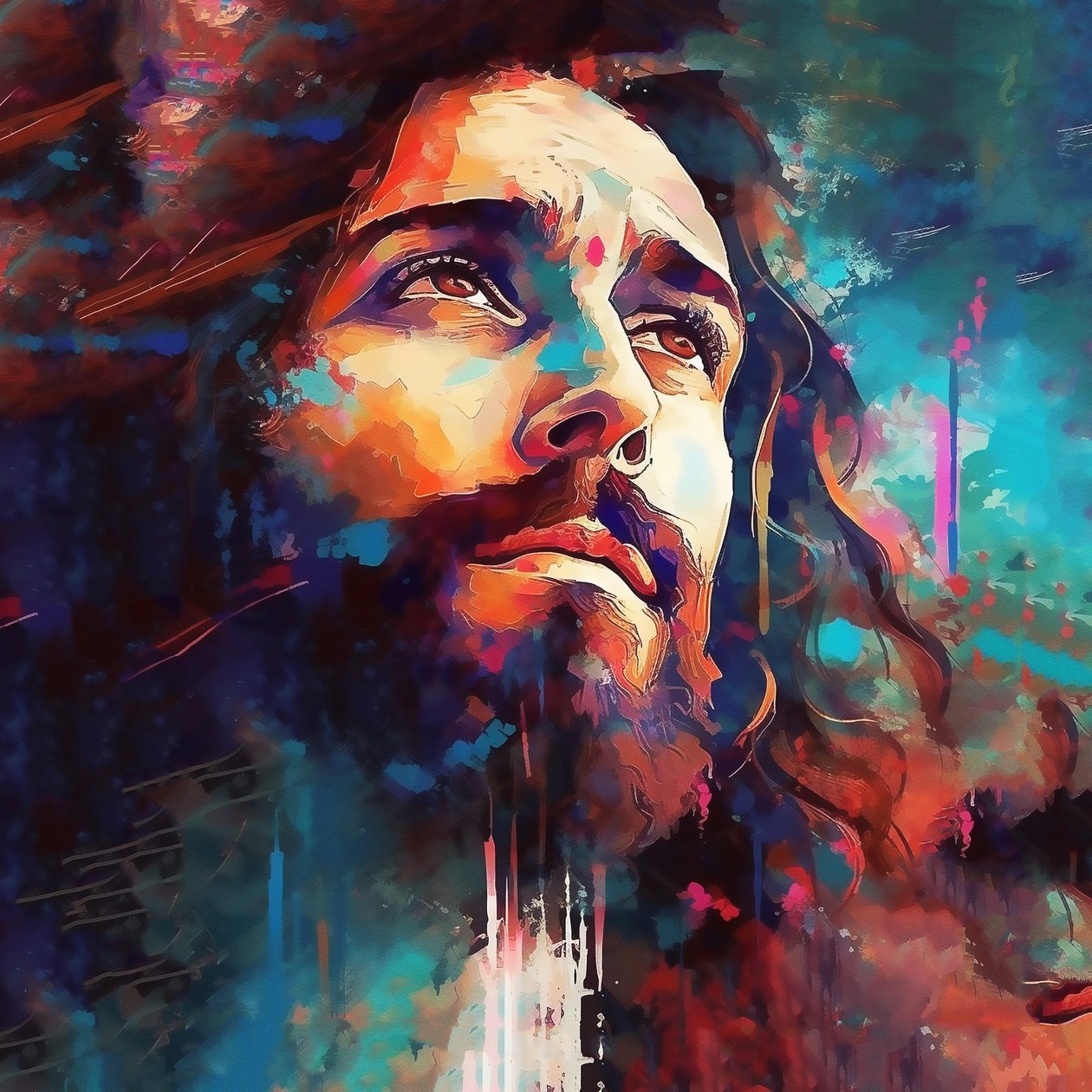 Abstrakt ansikte av en stilig Jesus Chris målning, Väggkonst | Canvas tryck av F. Abderrahim