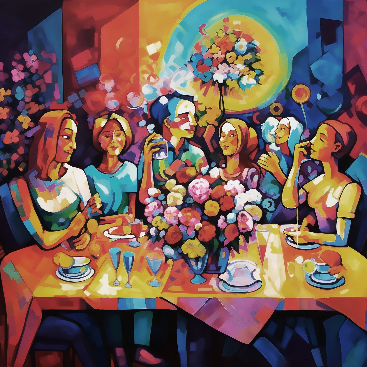 Abstrakt illustration, lycklig familjemiddag, fullfärg, vägg Konsttryck av F. Abderrahim