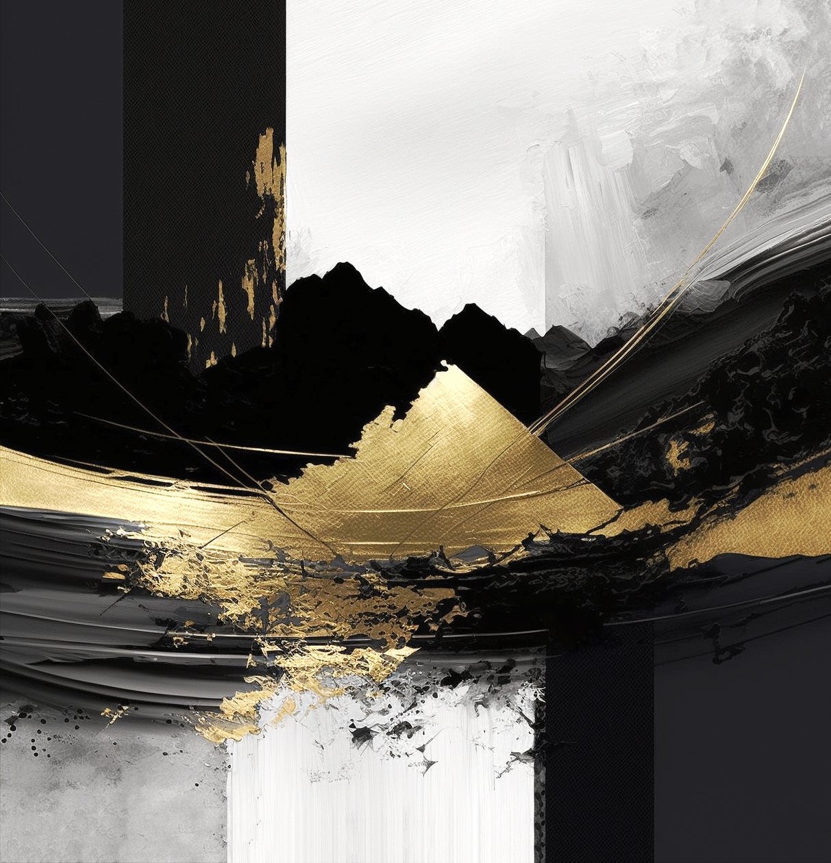 Abstrakt texturerad skiktad svart  guld, Väggkonst | Canvastryck av F. Abderrahim