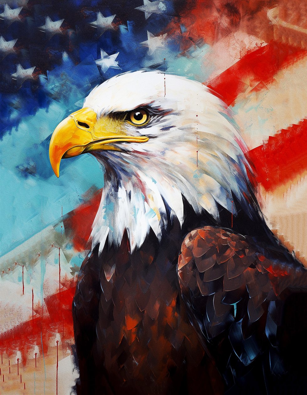 Amerikansk örn, USA:s flagga i bakgrunden, oljemålning, rumsdekor, väggkonst av F. Abderrahim