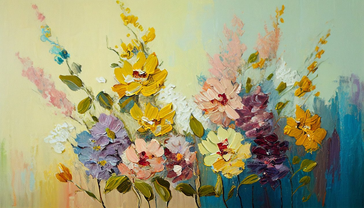 Antika blommor i vas, abstrakta blommor på duk, väggkonsttryck av F. Abderrahim
