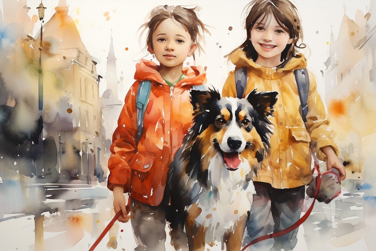 Akvarell Porträttmålning av hund och barn, väggkonst dekor, canva utskrifter av F. Abderrahim
