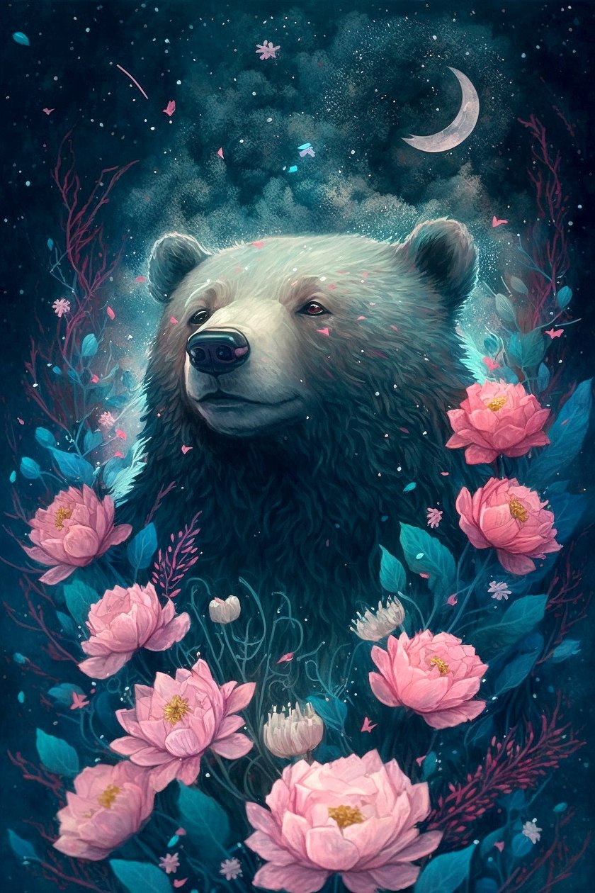 Björn i en fantasidröm omgiven av blommor, inramade posters av F. Abderrahim