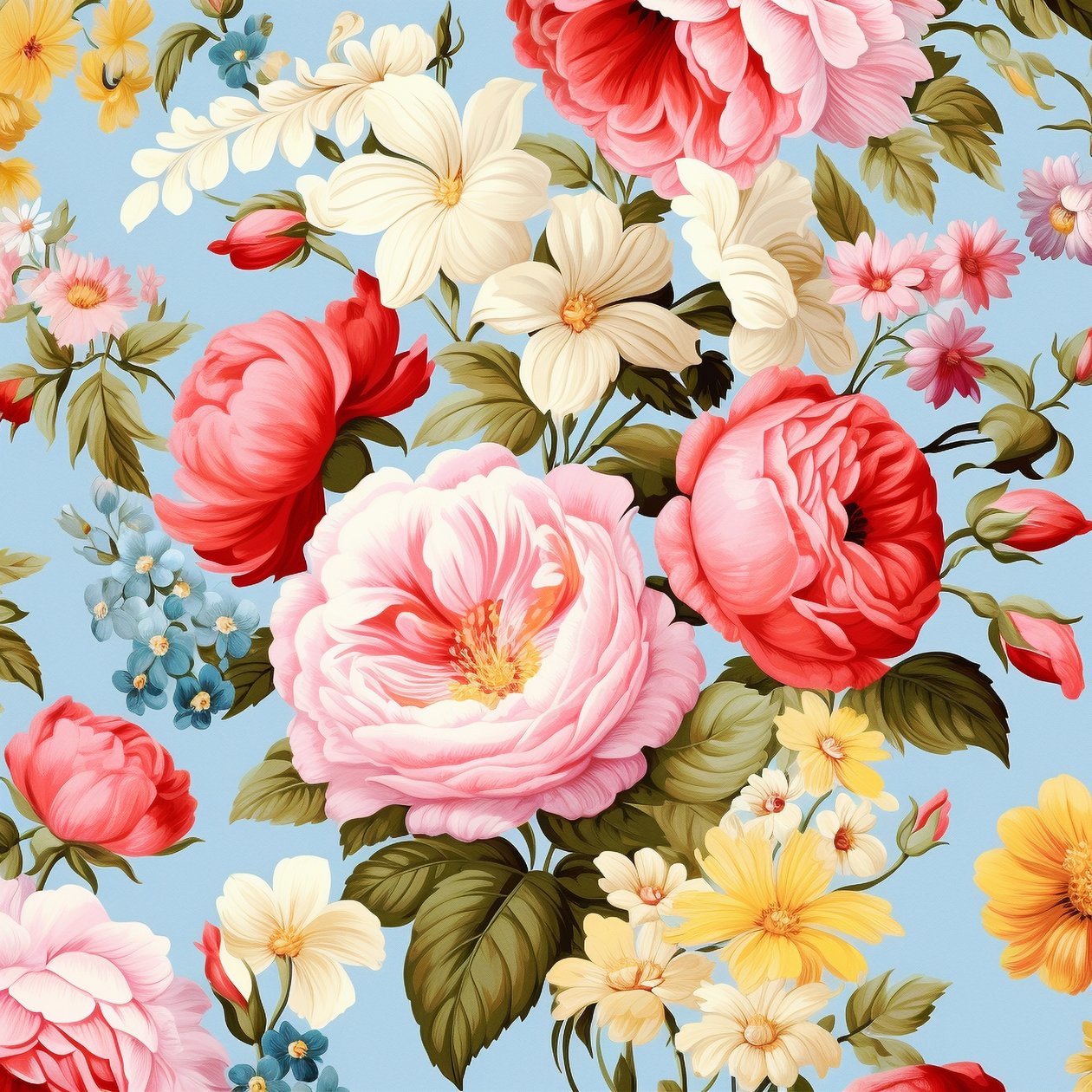 Vackert rosa blommigt botaniskt motivmönster, ljusa färger, vägg Konsttryck av F. Abderrahim