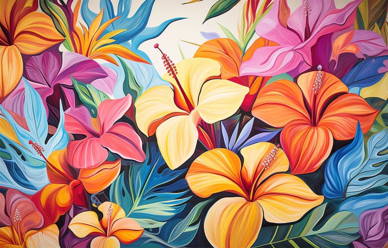 Bukett med färgglada hibiskusblommor, blommig målning, konsttryck av F. Abderrahim