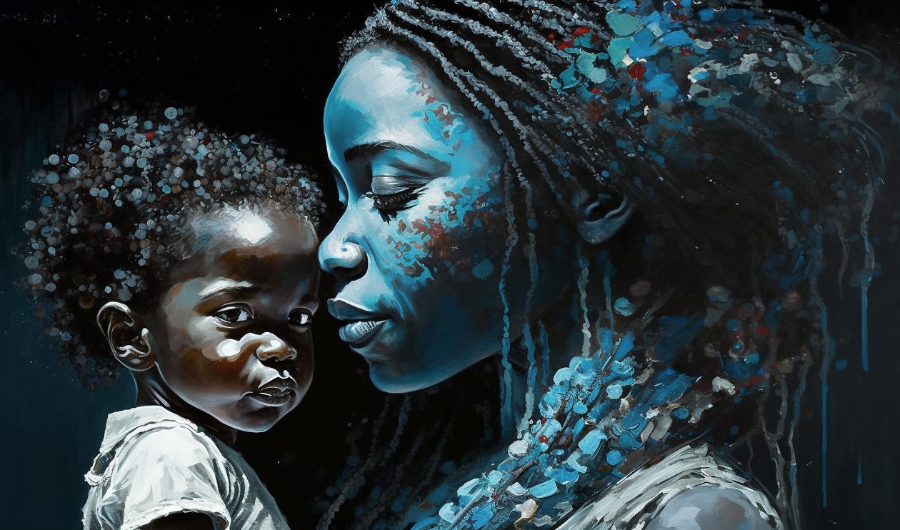 Känslomässigt porträtt av en afrikansk mor med sitt barn, canvas av F. Abderrahim