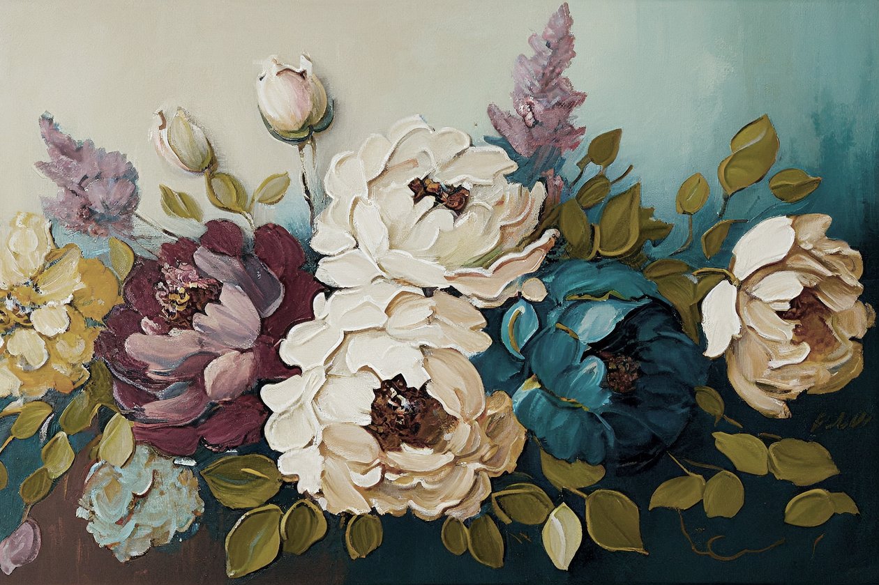 Blomsterbukett med pioner, horisontella tryck på duk av F. Abderrahim