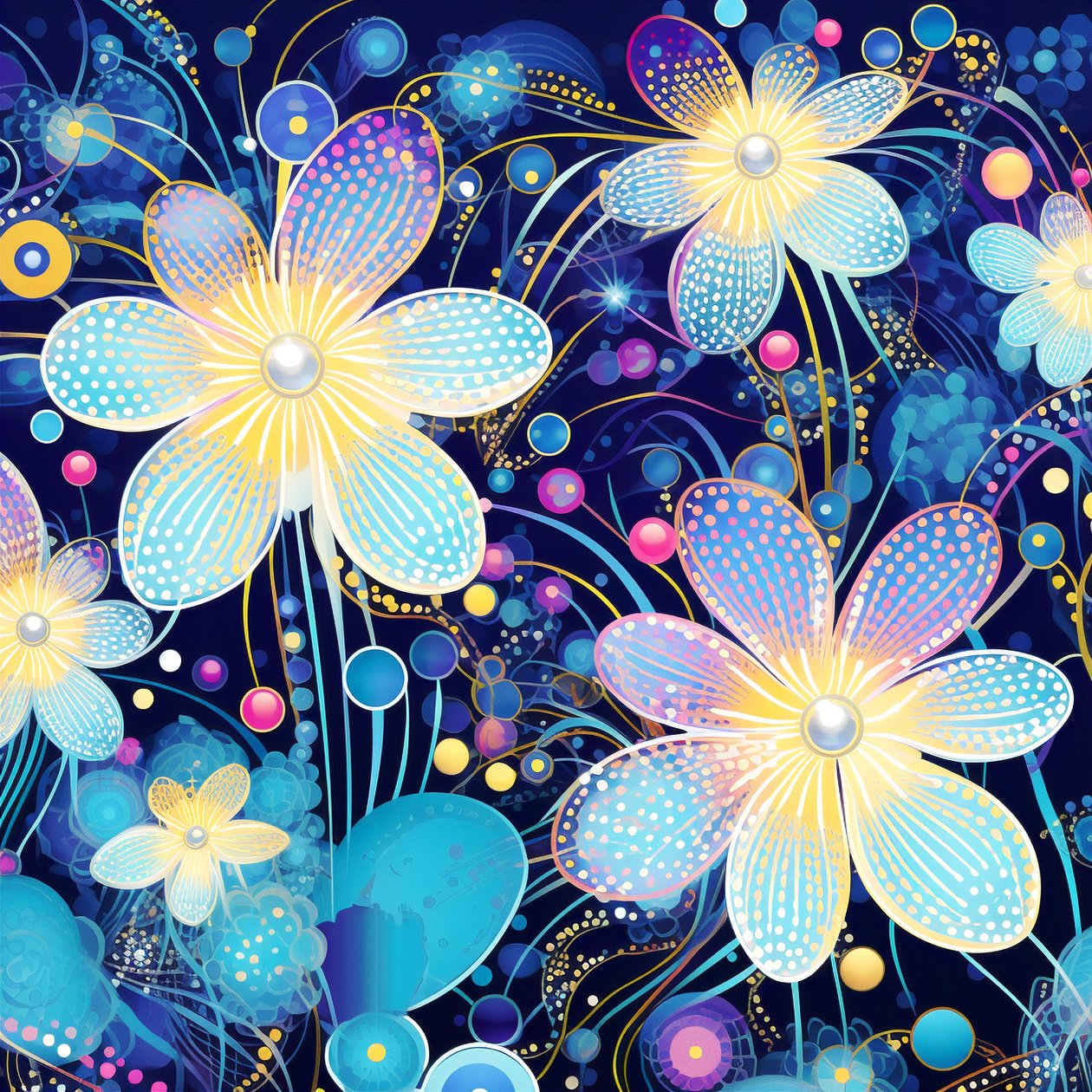 Blommigt motivmönster i blått, yayoi kusama-stil, konsttryck online av F. Abderrahim