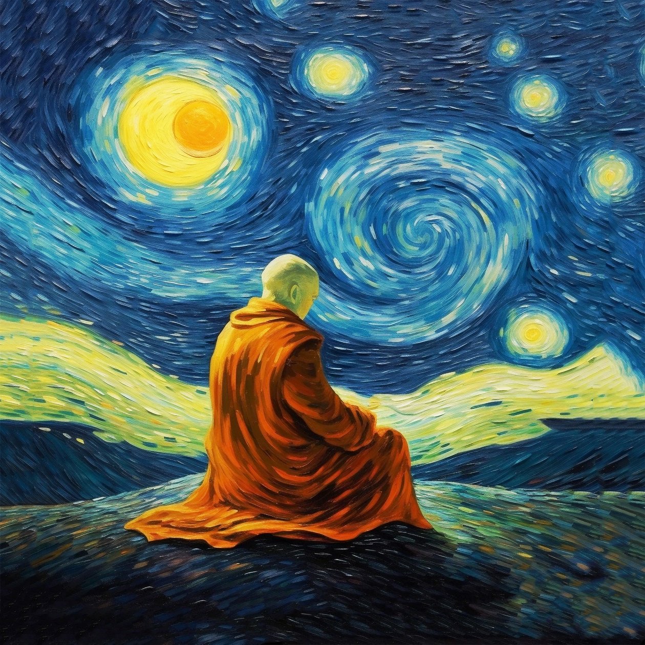 Man i meditation, Van Gogh-målningar, yogapositioner, väggkonst av F. Abderrahim