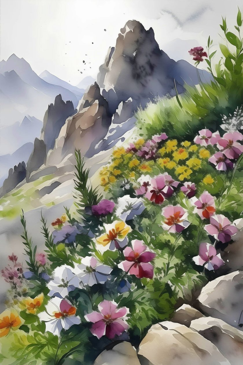 Bergstopp Blommor, botanik  naturmotiv Väggkonsttryck av F. Abderrahim