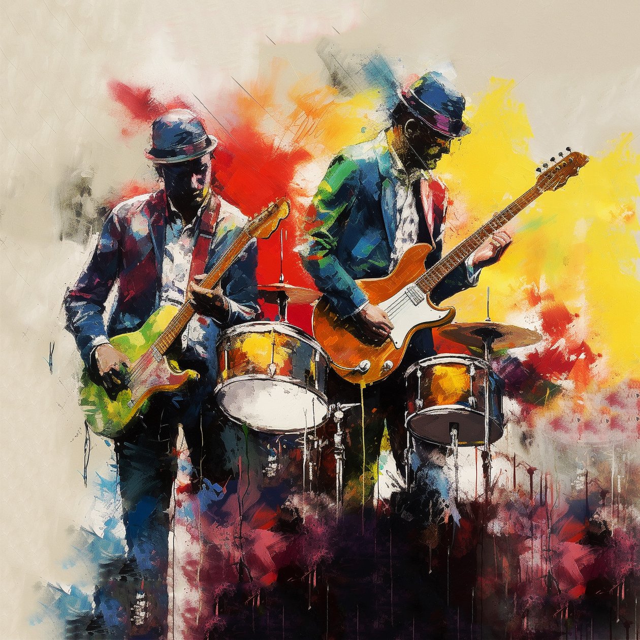 Rock  jazz Musiker Band som spelar gitarr, penselmålning, väggkonsttryck av F. Abderrahim
