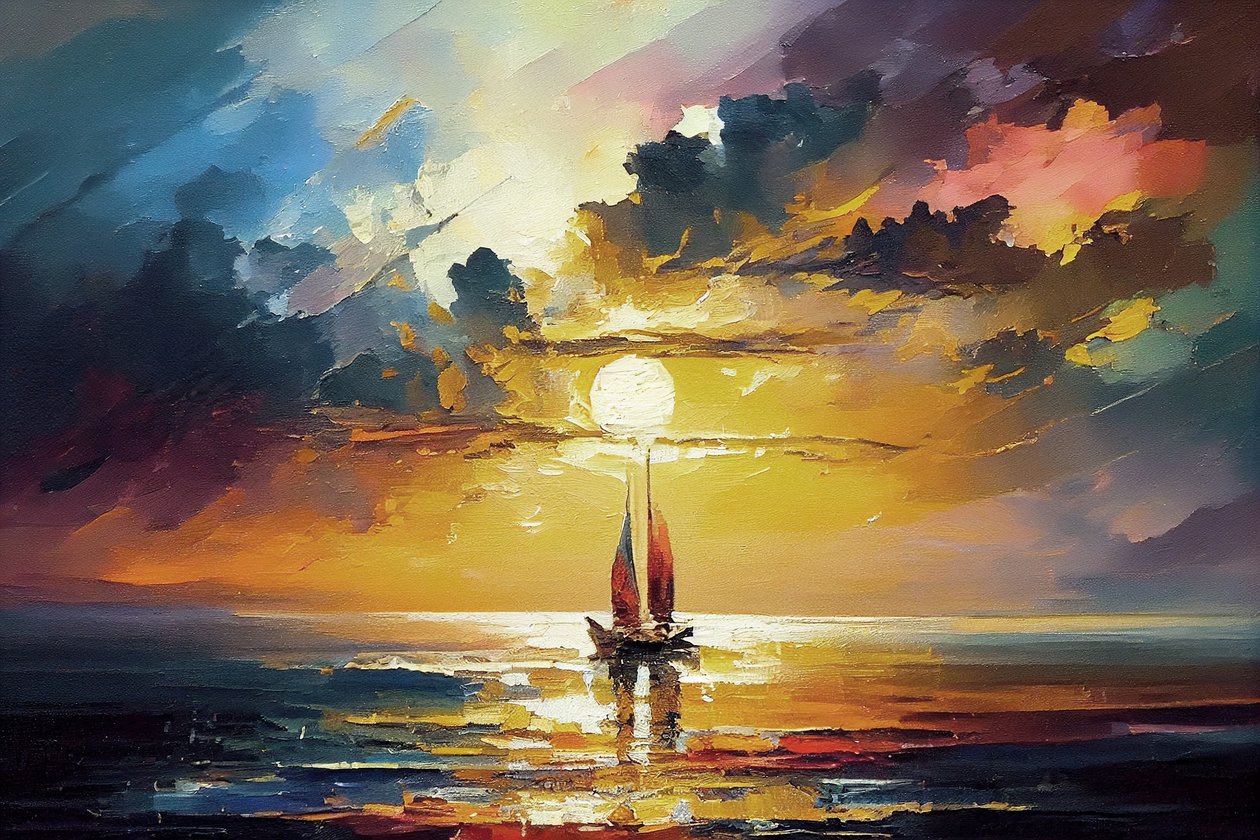 Segelbåt Seascape, Orange solnedgång på duk, väggdekorationer, konsttryck av F. Abderrahim