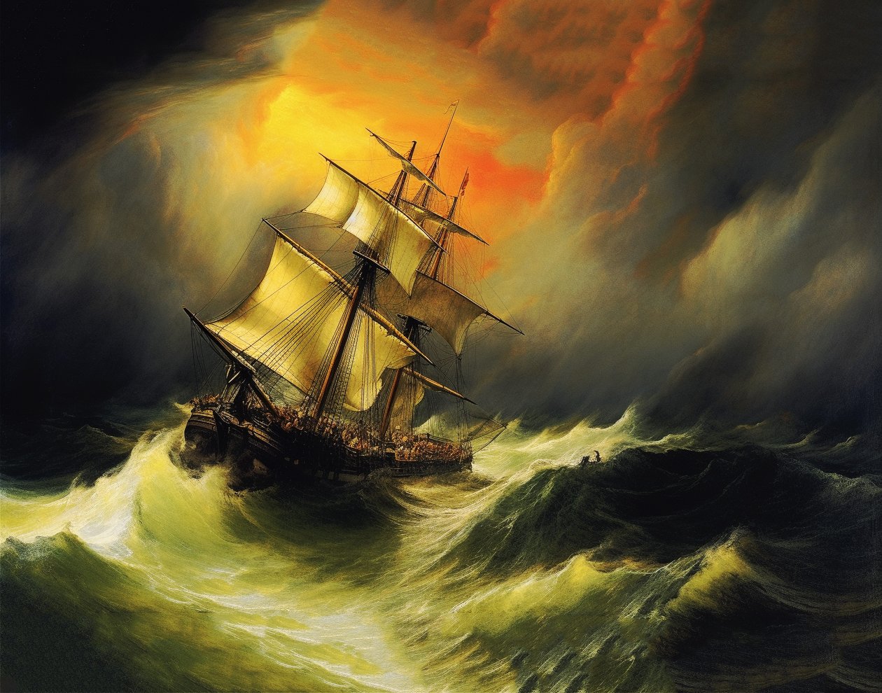 Ship in a Storm at Sea, William Turner målningsstil, tryck på begäran av F. Abderrahim