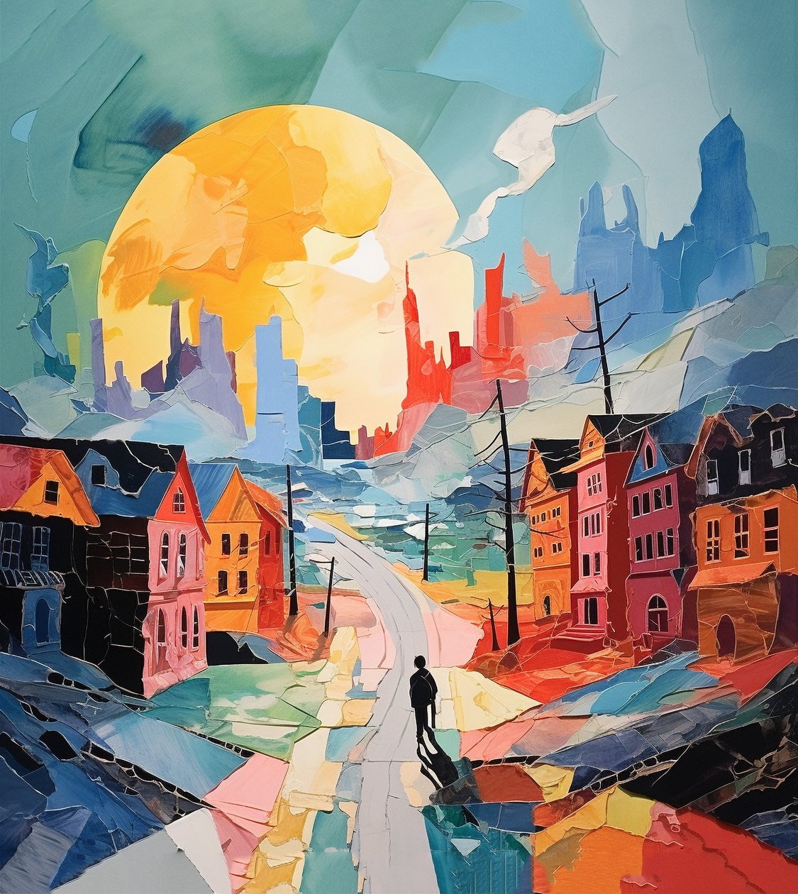 Snöig dag i gamla stan, surrealism Vinterlandskap, väggkonsttryck av F. Abderrahim