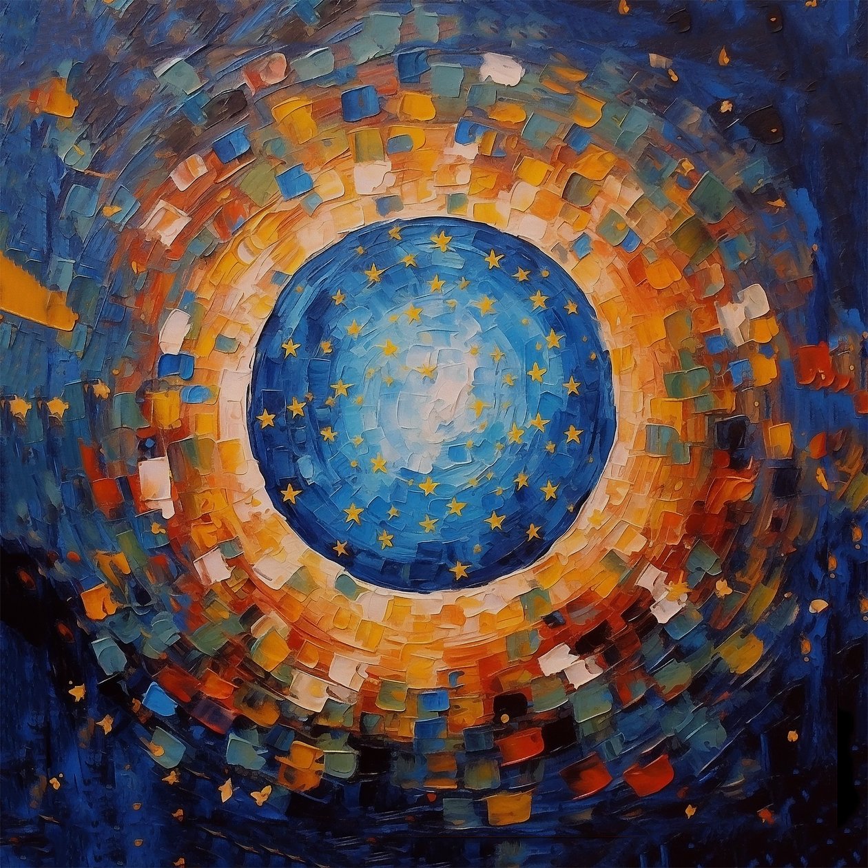 Solnedgång mosaik konst målning, blå  orange, canvas tryck, väggdekor av F. Abderrahim