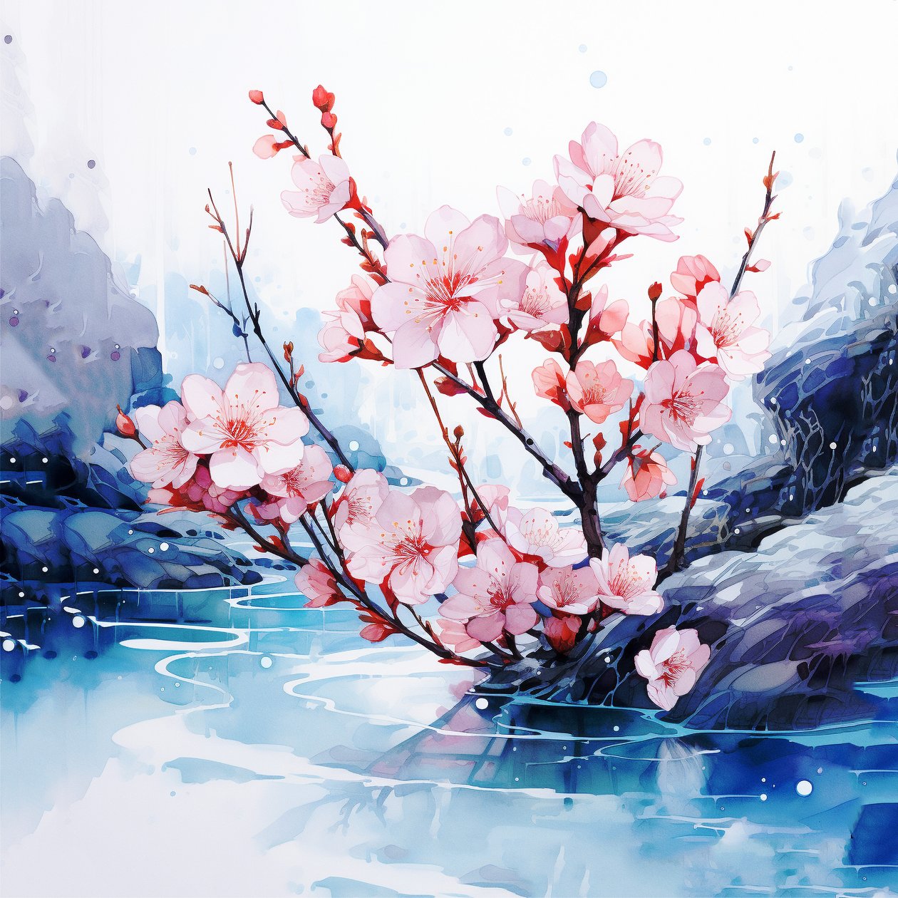 Surrealistisk akvarellmålning Japanska körsbärsblommor blommor, vägg Konsttryck av F. Abderrahim