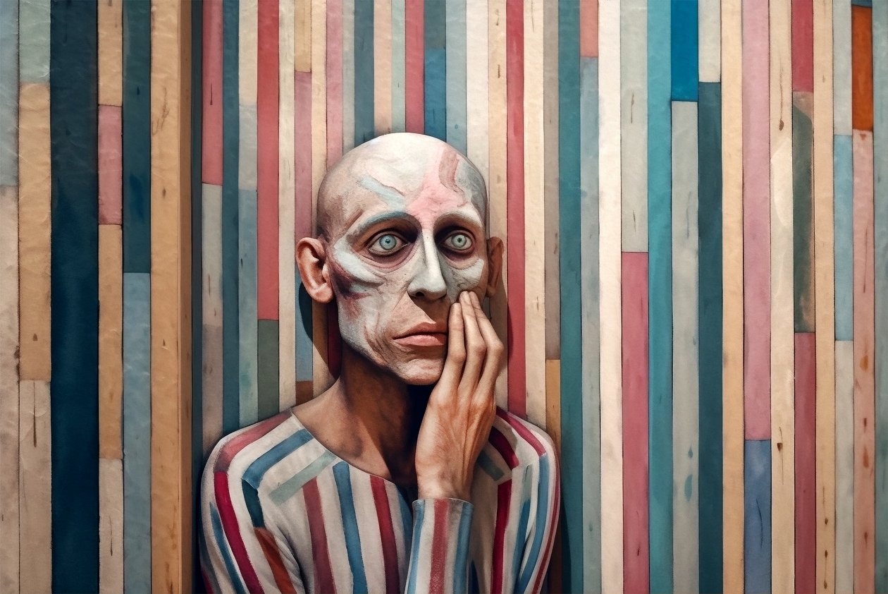 Surrealistisk målning av en ledsen man inspirerad av Giorgio de Chirico, konsttryck av F. Abderrahim