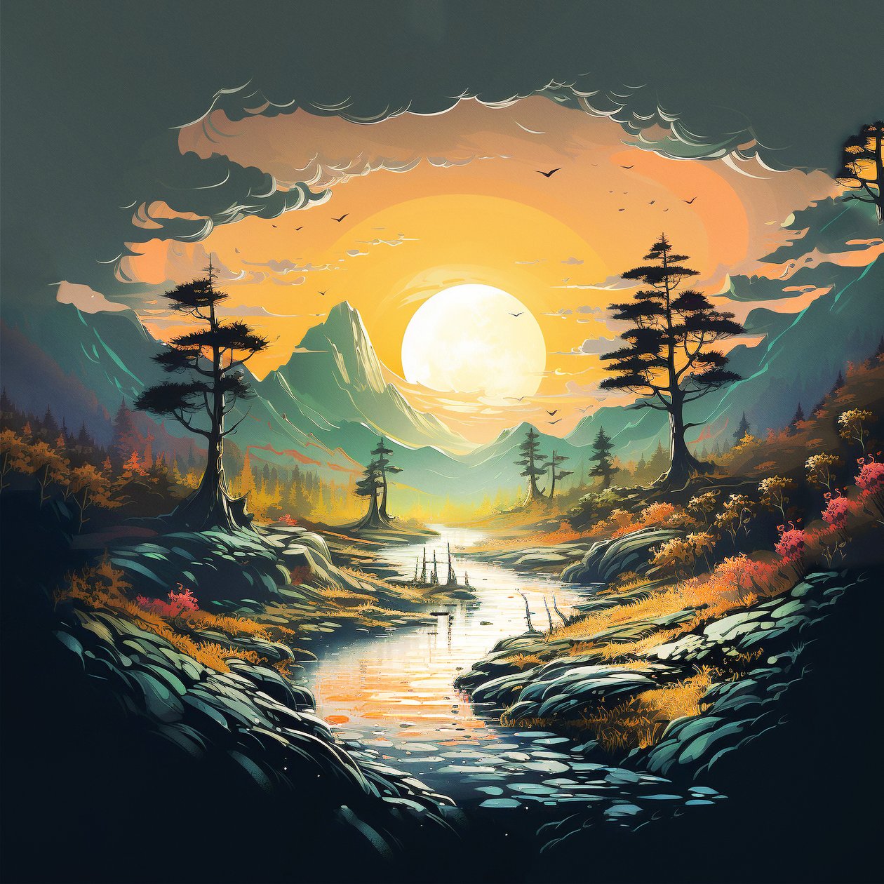 fantasy berg solnedgång landskap natur digital teckning , Väggkonst | Canvas tryck av F. Abderrahim