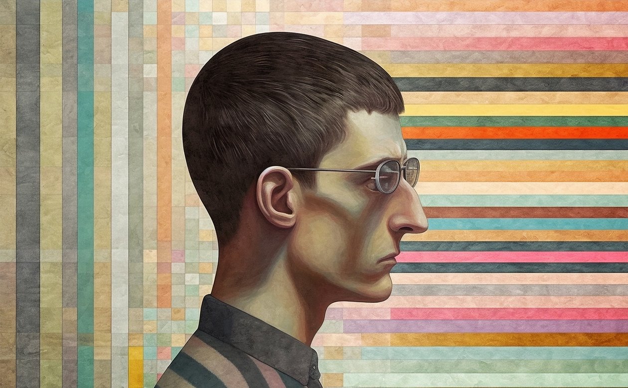 intellektuell man inspirerad av Giorgio de Chirico, Surrealism porträttmålning av F. Abderrahim