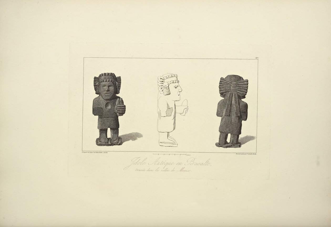 Aztekiska idoler i basalt, illustration från "Views of the Cordilleras and Monuments of the Native Peoples of America" ​​av Alexander von Humboldt och Aime Bonpland av F. Arnold